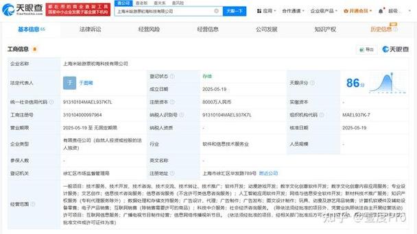 为于晨曦,注册资本8000万人民币,经营范围包括动漫游戏开发